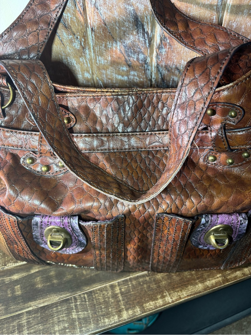Jessica Simpson Reptilian Brown Textured Faux Leather Satchel Handbag Vegan Bag - Picture 4 of 15